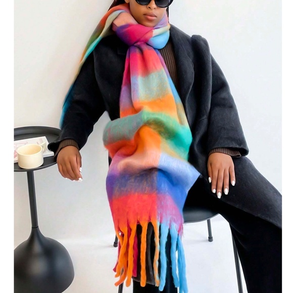 Cozy Multicolor Brushed Fabric Checkered Plaid Fringe Blanket Scarf - Picture 2 of 3